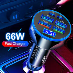 6-Port USB Car Charger – Fast Charging with Smart Voltage Detection & Digital Display