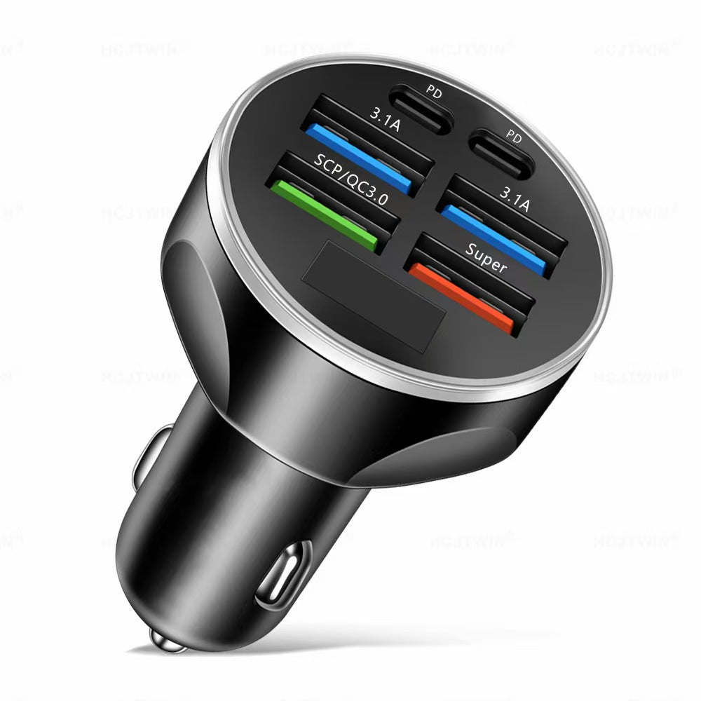 6-Port USB Car Charger – Fast Charging with Smart Voltage Detection & Digital Display