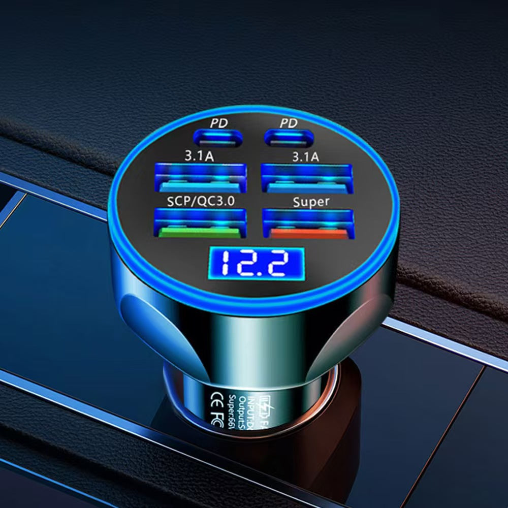 6-Port USB Car Charger – Fast Charging with Smart Voltage Detection & Digital Display